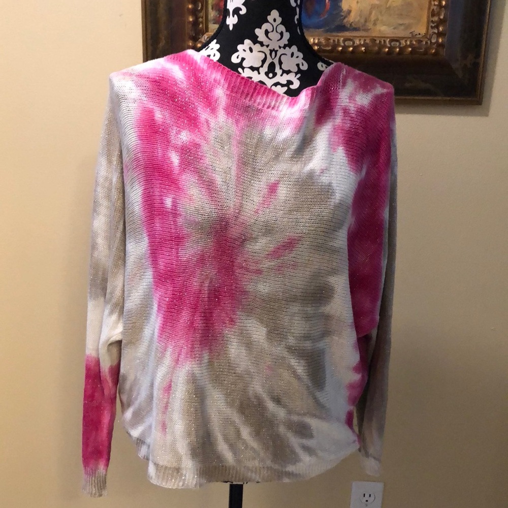 💞Made In Italy Tie dye metallic thread zipper back long sleeve sweater
